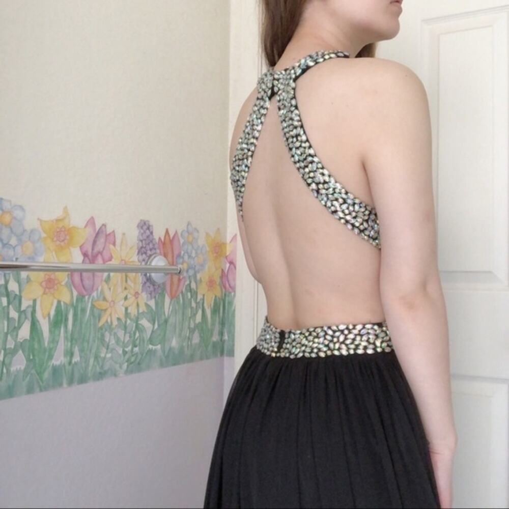 May Queen black jeweled backless halter maxi padded prom formal dress 4